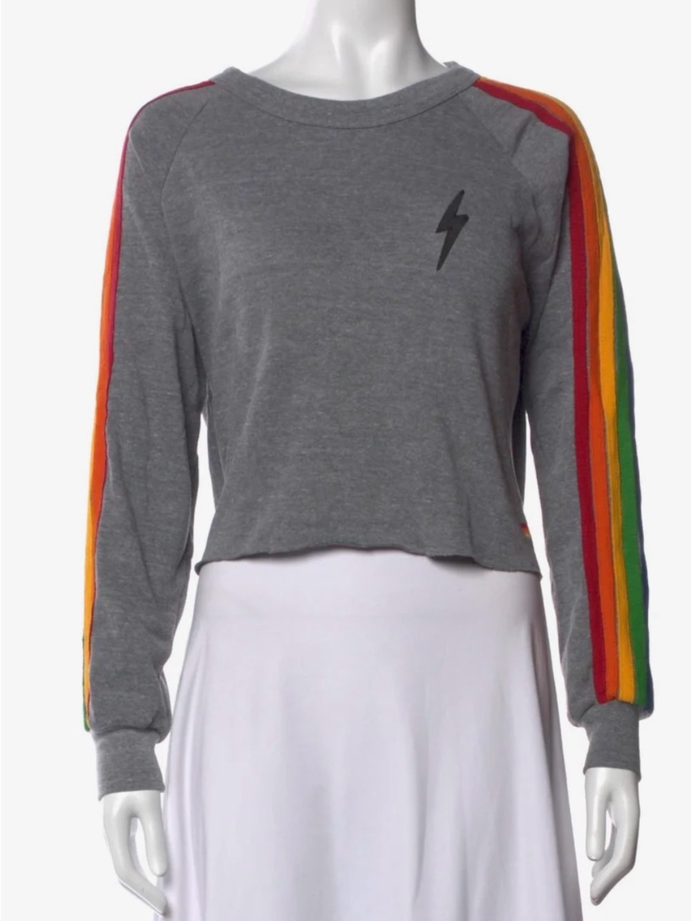Aviator Nation Gray Cropped Sweatshirt with Rainbow Sleeve Stripes